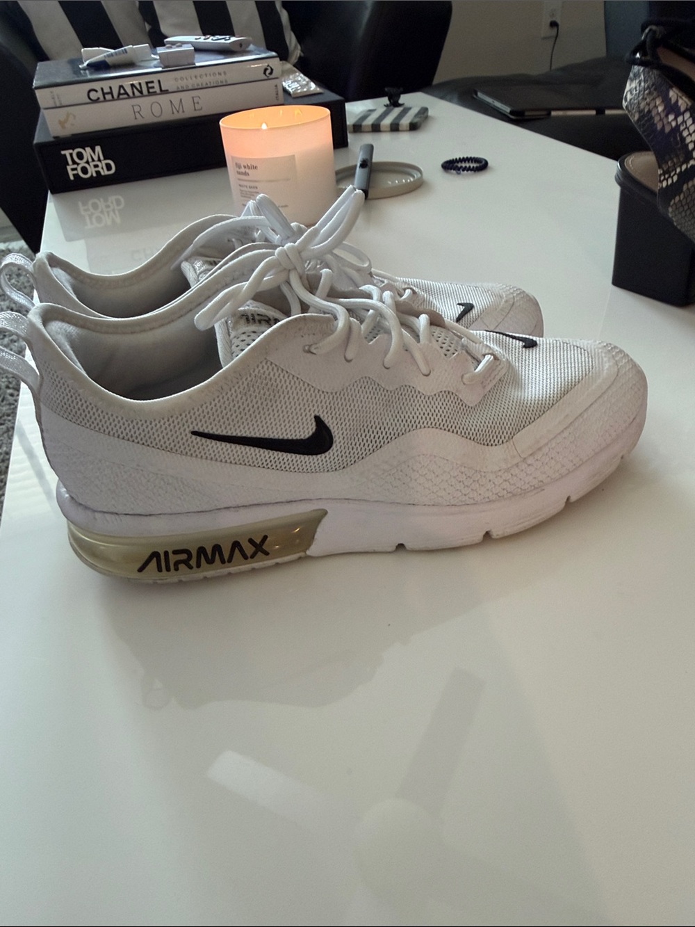 Nike White Mesh Sneakers with Black Swoosh and Gold Air Max Accent